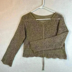 Knitted Sweater Tan/Khaki Women’s Size S/M Crop Lacey Long Sleeve Pullover